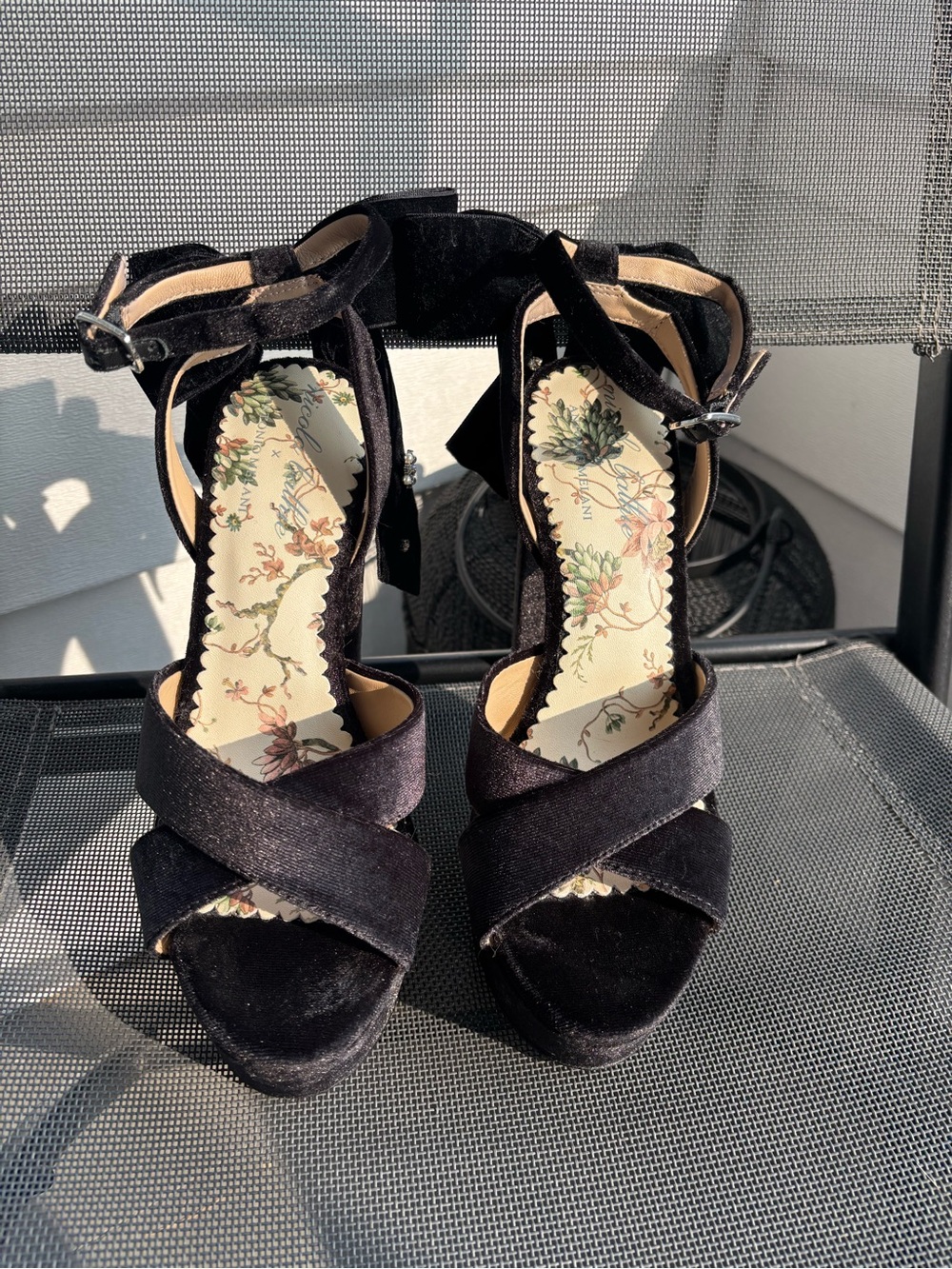 Nicola Bathie x Antonio Melani Black Velvet Platform Open Toe Heels 8